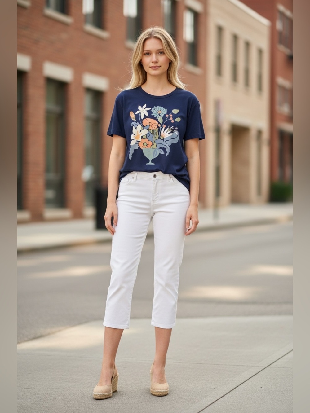 W5, Floral Graphic Tee, Navy Blue, Size Small, Soft Stretch Top